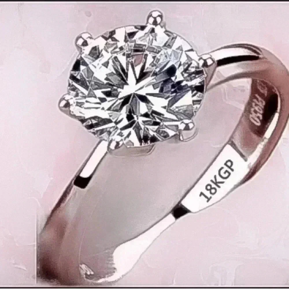 NWT 18k White Gold Pl. Women's 2ct Solitaire Ring Sizes: 6, 8, & 9 w/ card - Picture 2 of 3